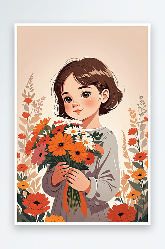 数字艺术一个短发小女孩在花丛中抱着一束鲜