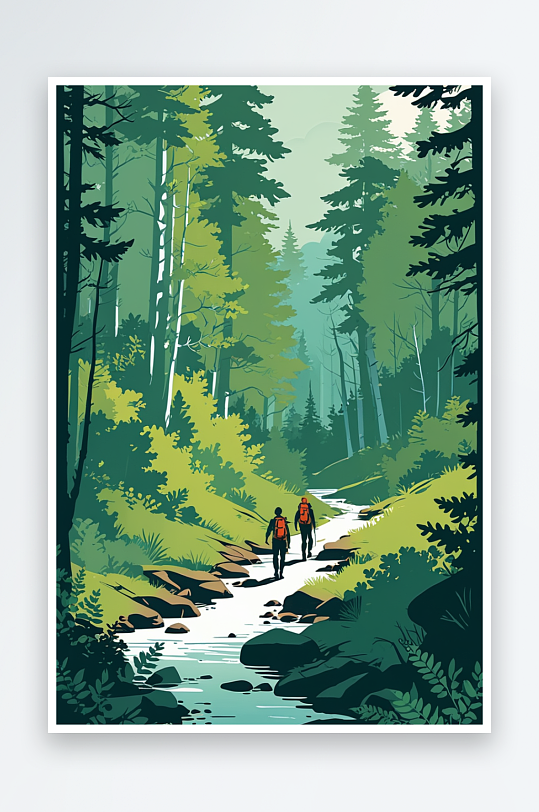 数字艺术一对情侣在树林里探险旅行