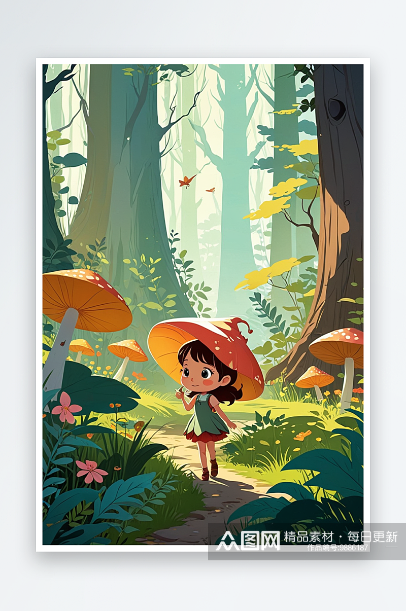 数字艺术小女孩童话森林冒险现实奇幻卡通风素材