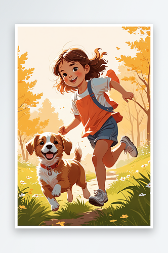 数字艺术小女孩和可爱的小狗在户外欢快地奔