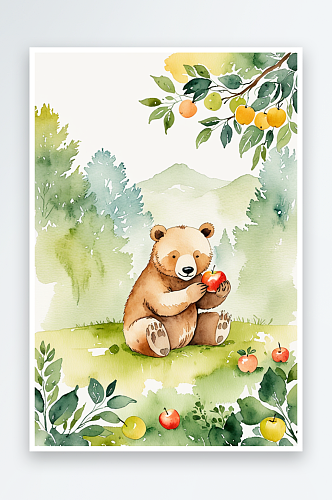 数字艺术唯手绘水彩吃苹果的熊
