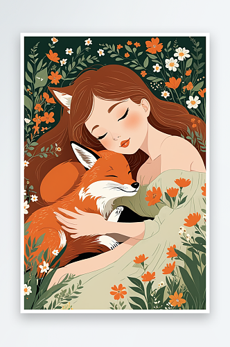 数字艺术躺在花丛中的女孩和狐狸儿童童话