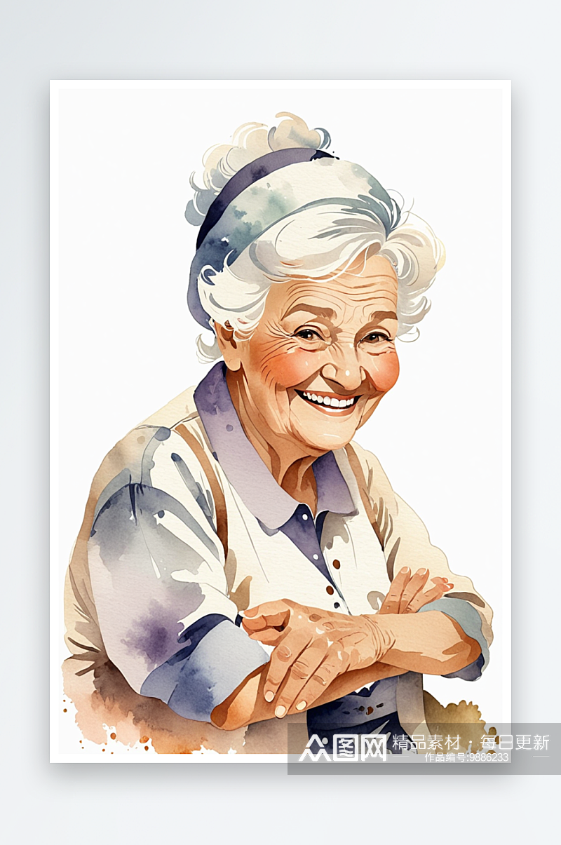 数字艺术水彩人物慈祥的老奶奶幸福微笑素材