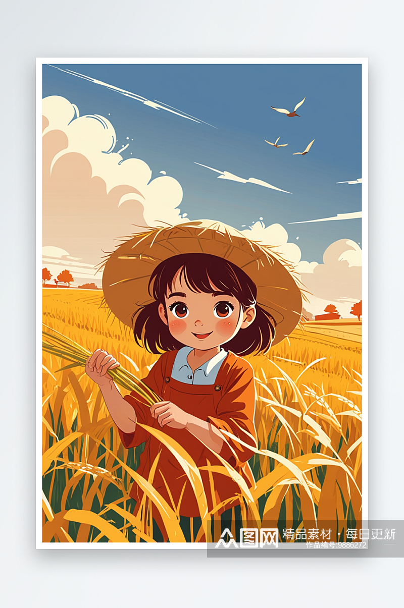 数字艺术秋天可爱的小女孩在稻田里玩耍素材