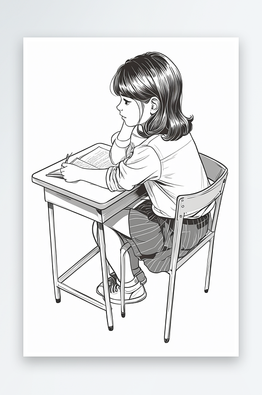 数字艺术女孩小学生坐着看书教辅线条数字艺