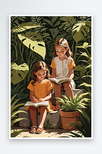 数字艺术两个小女孩坐在植物中看书竖图