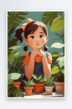 数字艺术可爱的小女孩在植物旁思考三维竖图