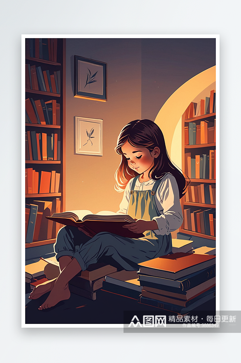 数字艺术可爱的小女孩在认真地看书阅读素材