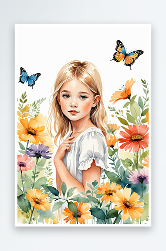数字艺术花丛中的小女孩水彩植物蝴蝶卡通花