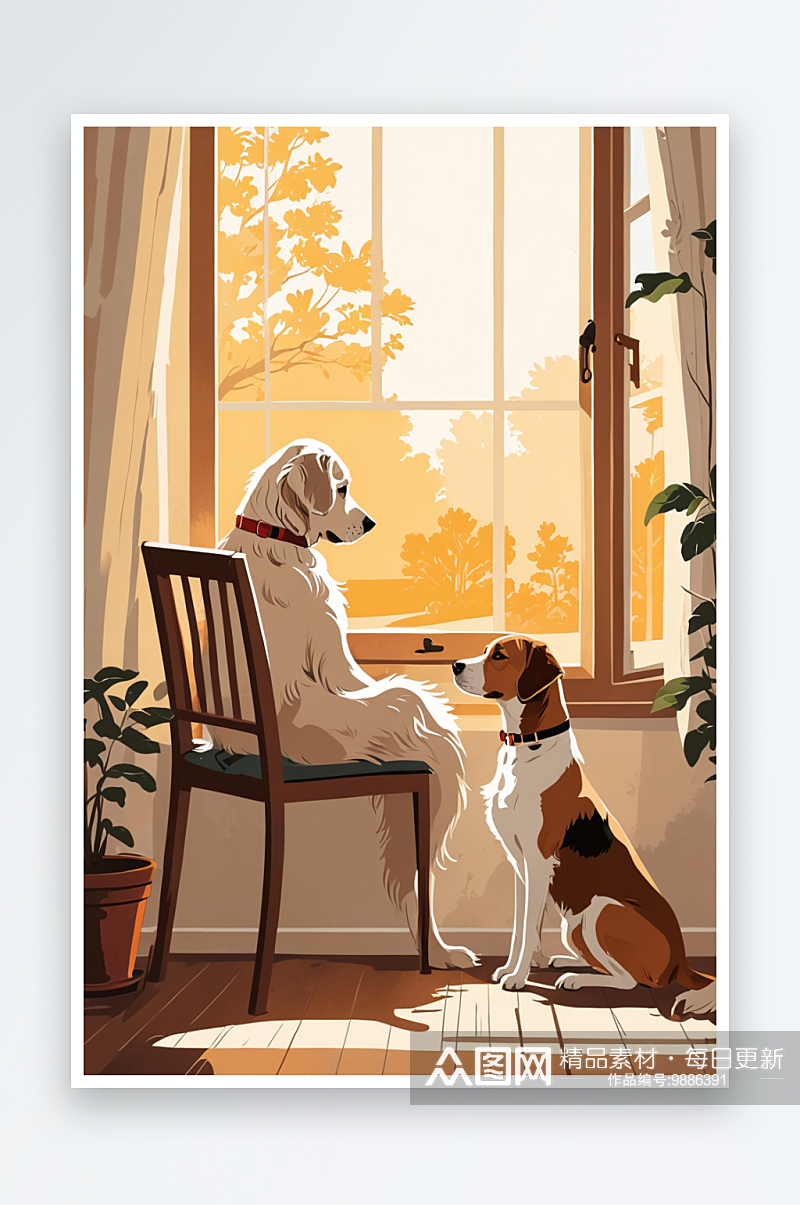 数字艺术和狗狗一起坐在窗边的退休老奶奶素材