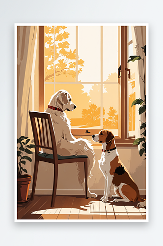 数字艺术和狗狗一起坐在窗边的退休老奶奶