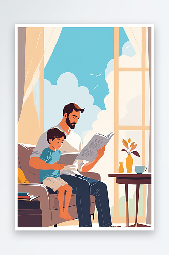 数字艺术父亲坐在沙发上陪孩子阅读