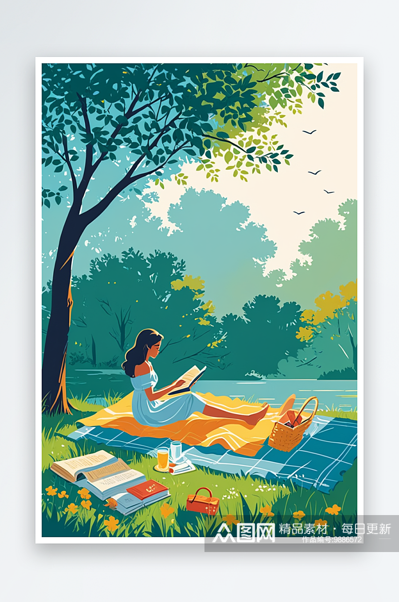 树荫下野餐看书的女孩温馨春夏外出郊游素材