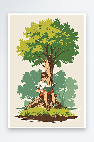 树下阅读的男孩图片