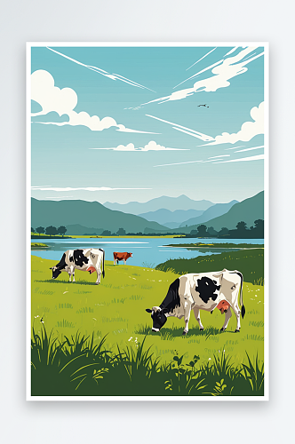 暑假河边的草原上奶牛正在吃草
