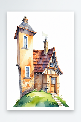 舒适的水彩手绘小山上的房子卡通小房子瓦片