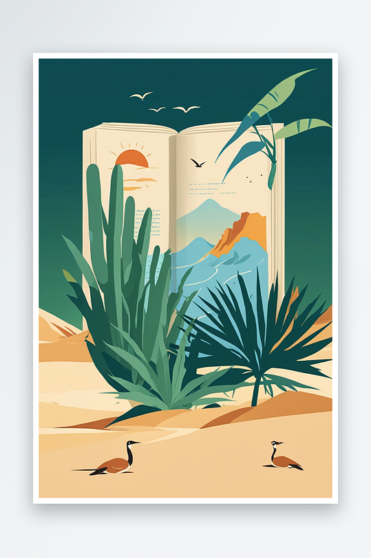 书本知识自然动物沙漠绿洲抽象概念扁平海报