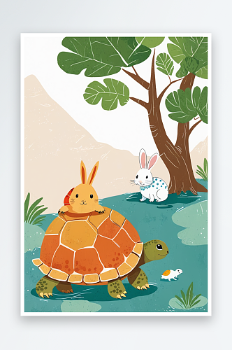 手绘童趣可爱乌龟和兔子