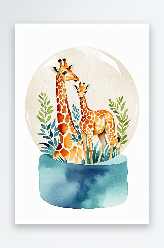 手绘水彩长颈鹿动物元素玻璃球摆件