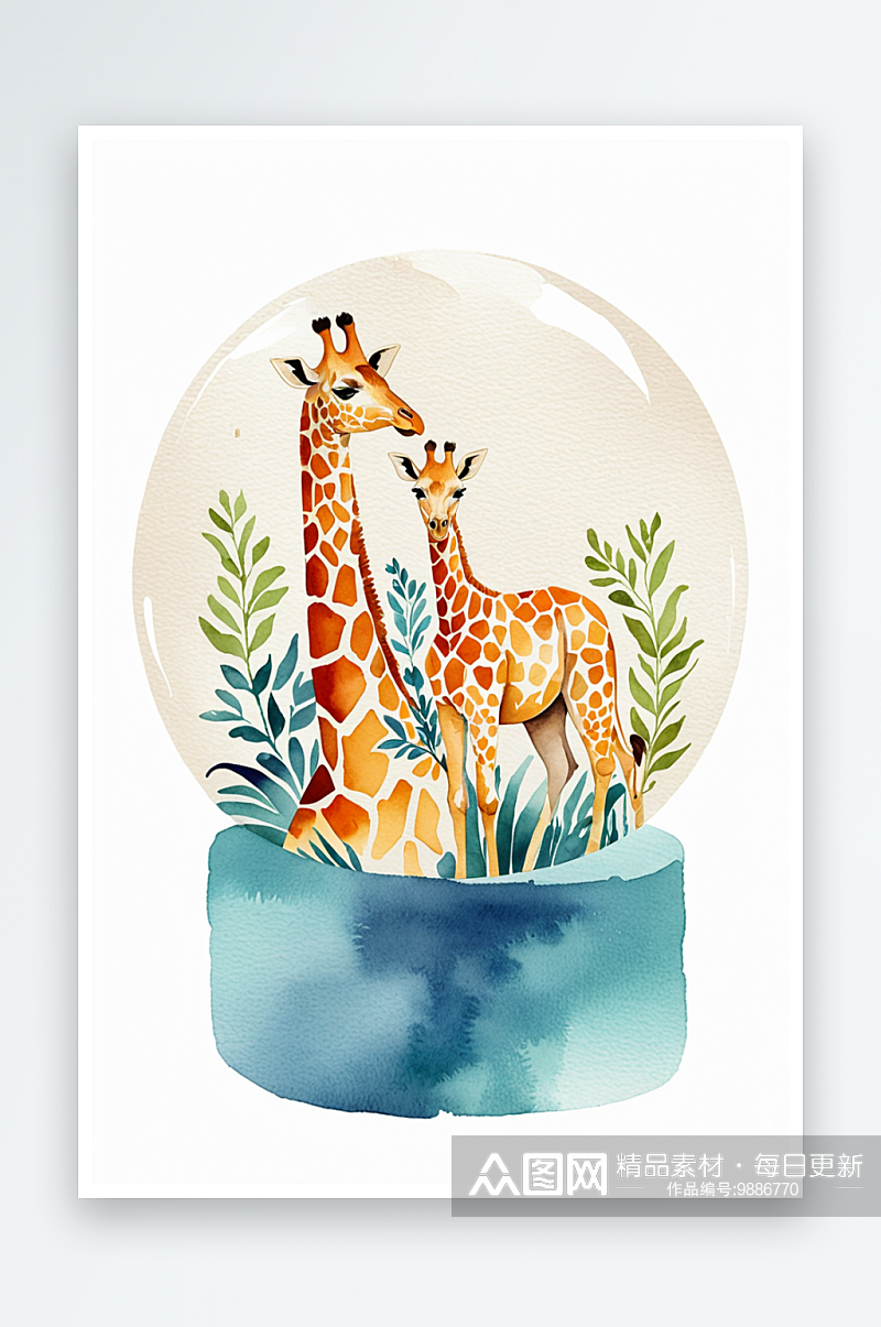手绘水彩长颈鹿动物元素玻璃球摆件素材