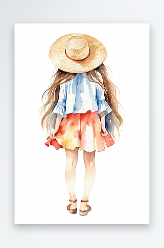 手绘水彩站立的戴草帽的长发少女