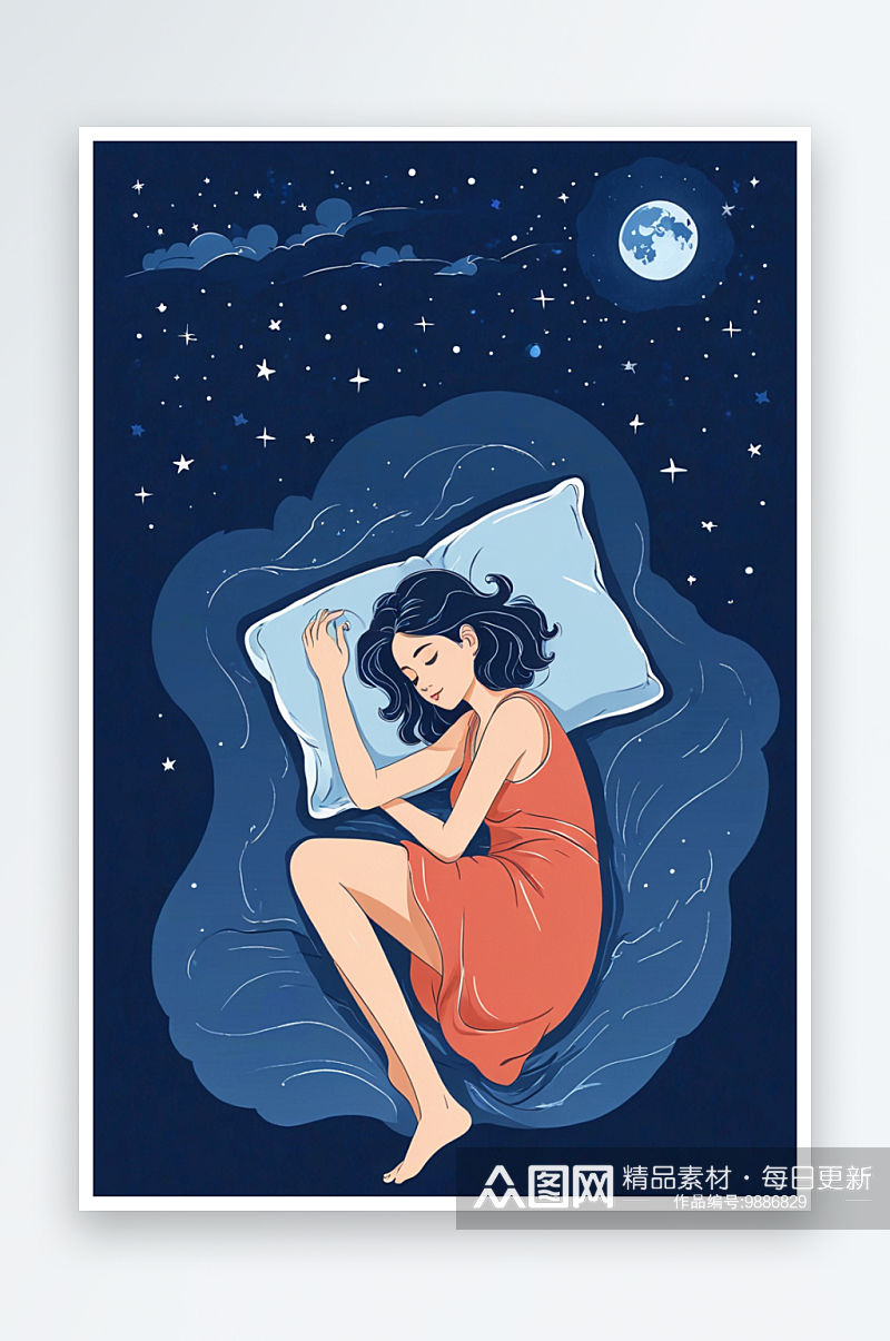 世界睡眠日蓝色夜晚女孩睡觉封面海报素材