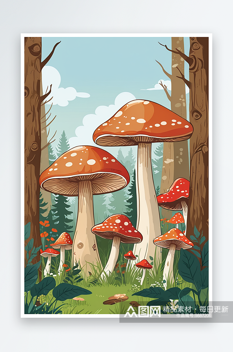 森林蘑菇草地图手绘背景素材