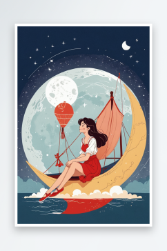 人物系列坐在月亮船上的红裙子女孩