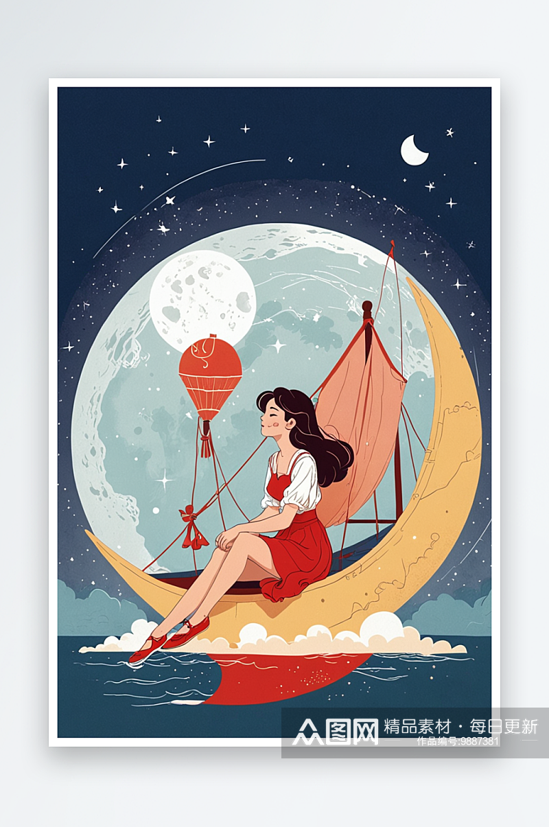 人物系列坐在月亮船上的红裙子女孩素材