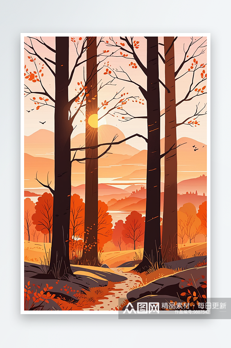 秋天的落日手绘风景素材