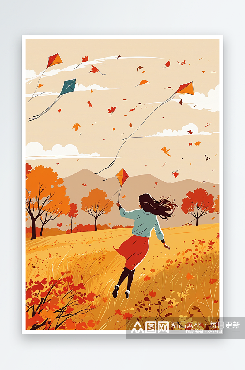 秋日放风筝的女孩素材