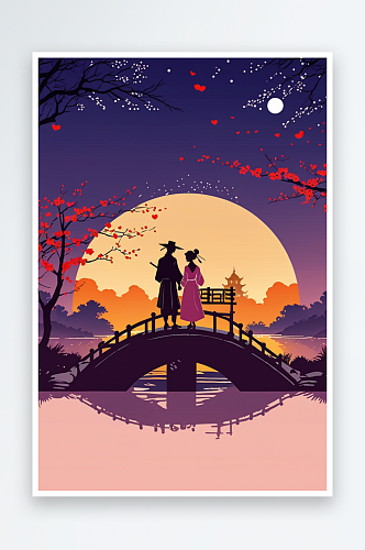 七夕节的夜晚牛郎织女在鹊桥相会的浪漫背景