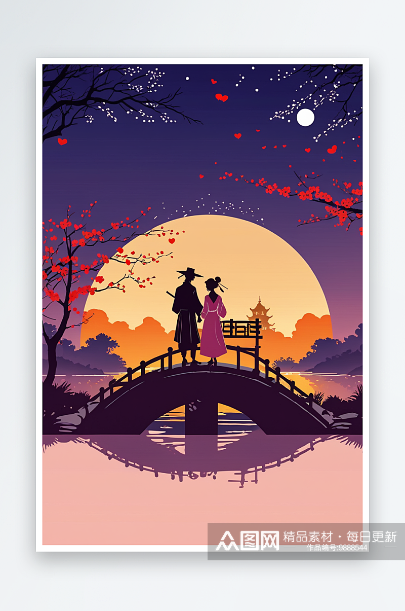 七夕节的夜晚牛郎织女在鹊桥相会的浪漫背景素材