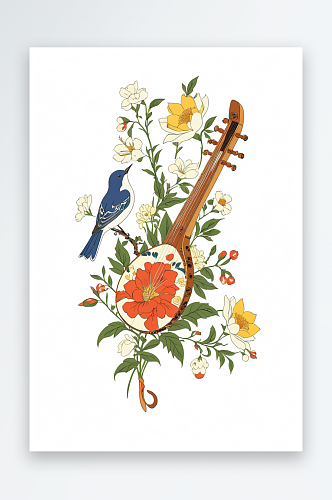 琵琶乐器与花鸟传统图案