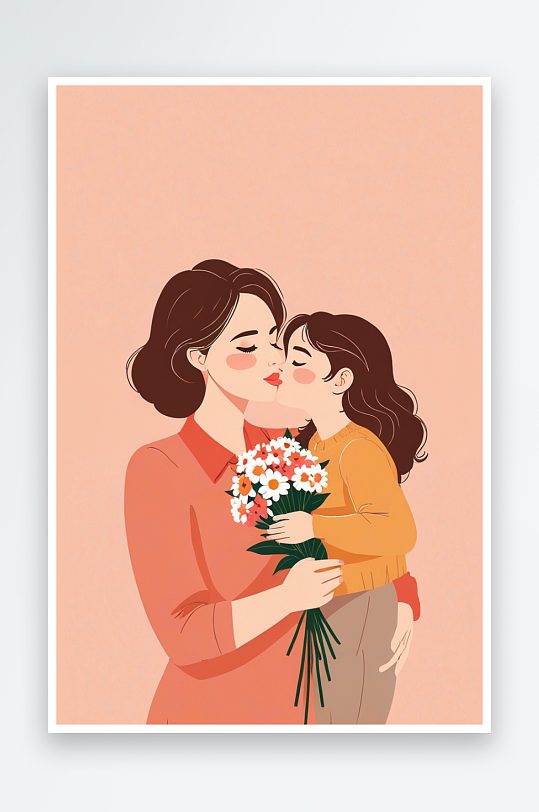 母亲节女儿亲吻捧花的母亲温馨扁平
