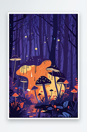 蘑菇森林的雨夜图片