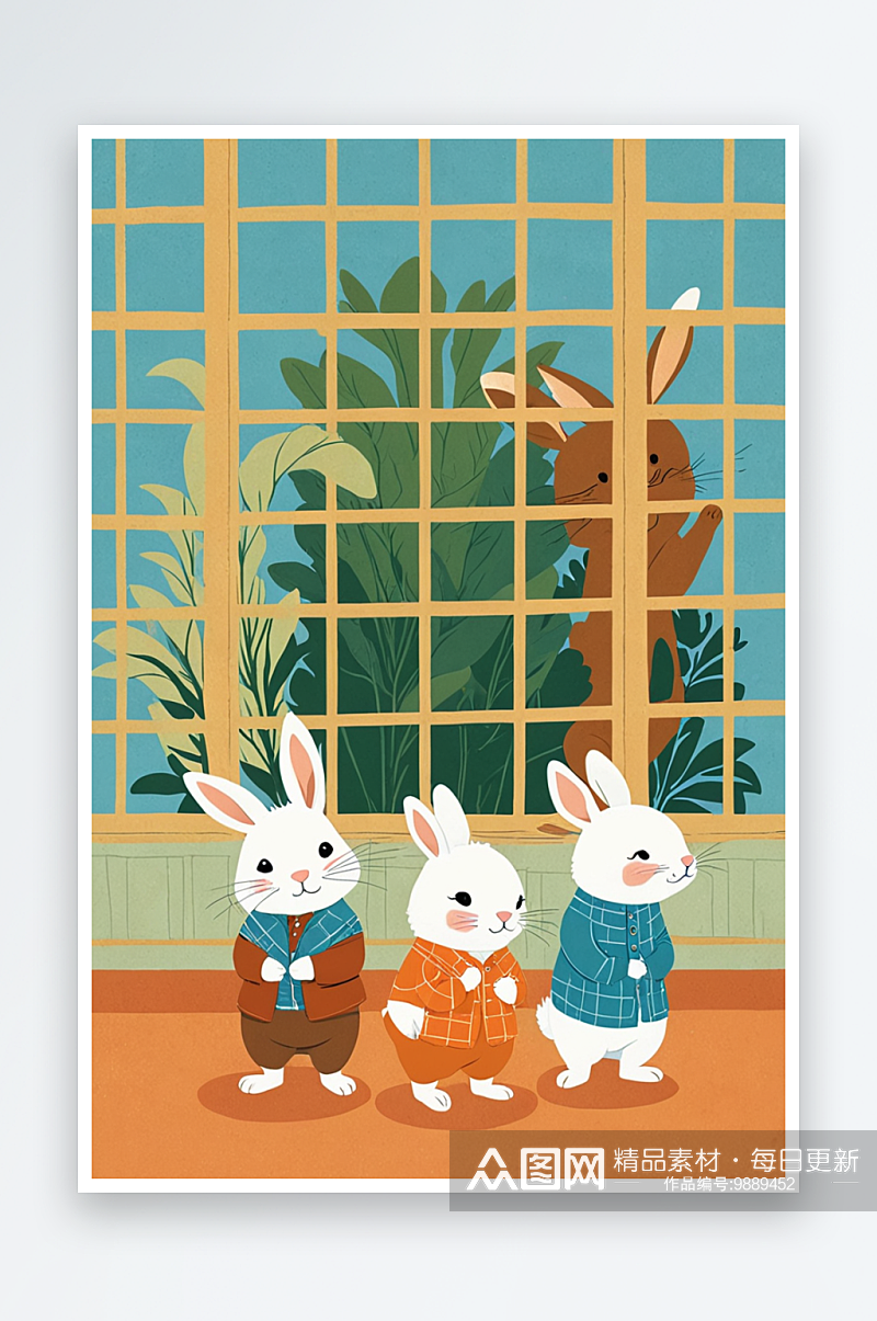 萌趣可爱的动物主题室内的三只小兔素材