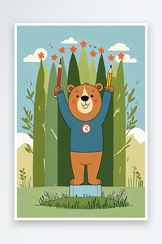 萌趣可爱的动物主题开心的小熊举起铅笔