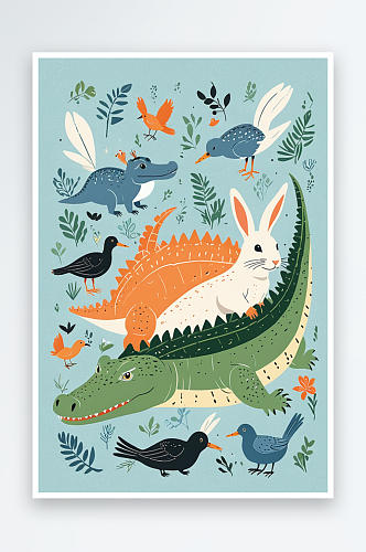 萌趣可爱的动物主题鳄鱼和兔子和鸟