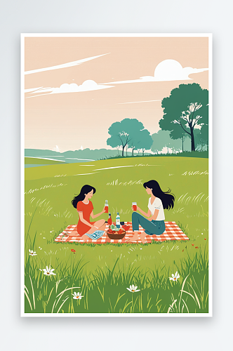两个女孩在户外草地上野餐
