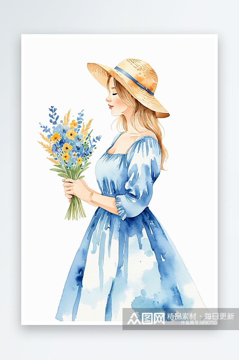 蓝色连衣裙戴草帽的少女手拿一束花水彩素材