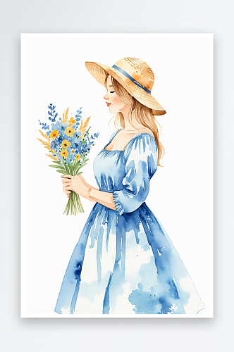 蓝色连衣裙戴草帽的少女手拿一束花水彩