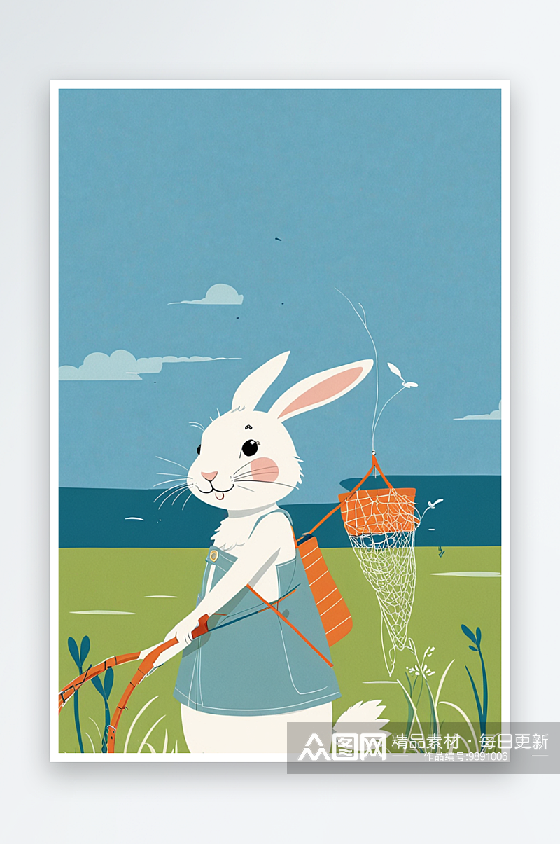 可爱有趣的动物肩膀上扛着捕鱼网的兔子素材