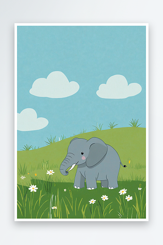 可爱有趣的动物草地上的一只大象