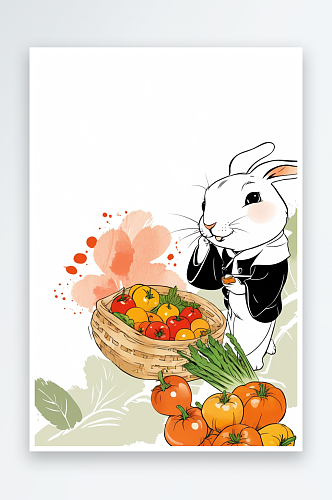 可爱水墨中虚拟人物卖菜的兔子先生