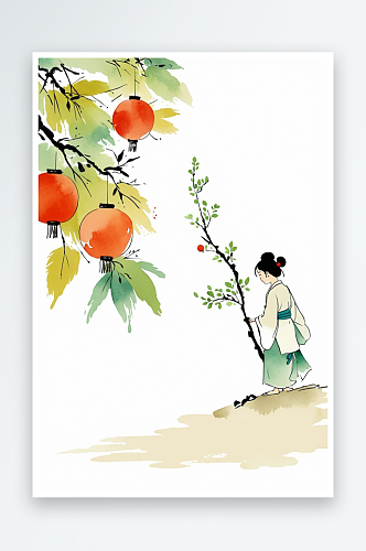 可爱水墨中人物夏季打枣树