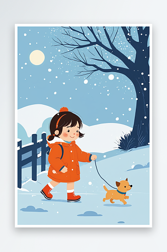 可爱的小女孩冬天遛狗下雪小寒节气