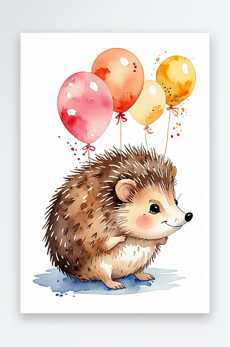 可爱的卡通刺猬用气球蛋糕水彩飞手绘庆祝周