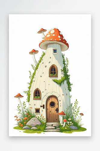 可爱的大蘑菇屋小窗户和木门苔藓背景和小真