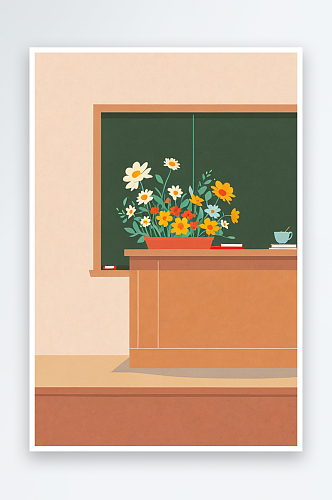 教师节讲台上的花和没有人的教室